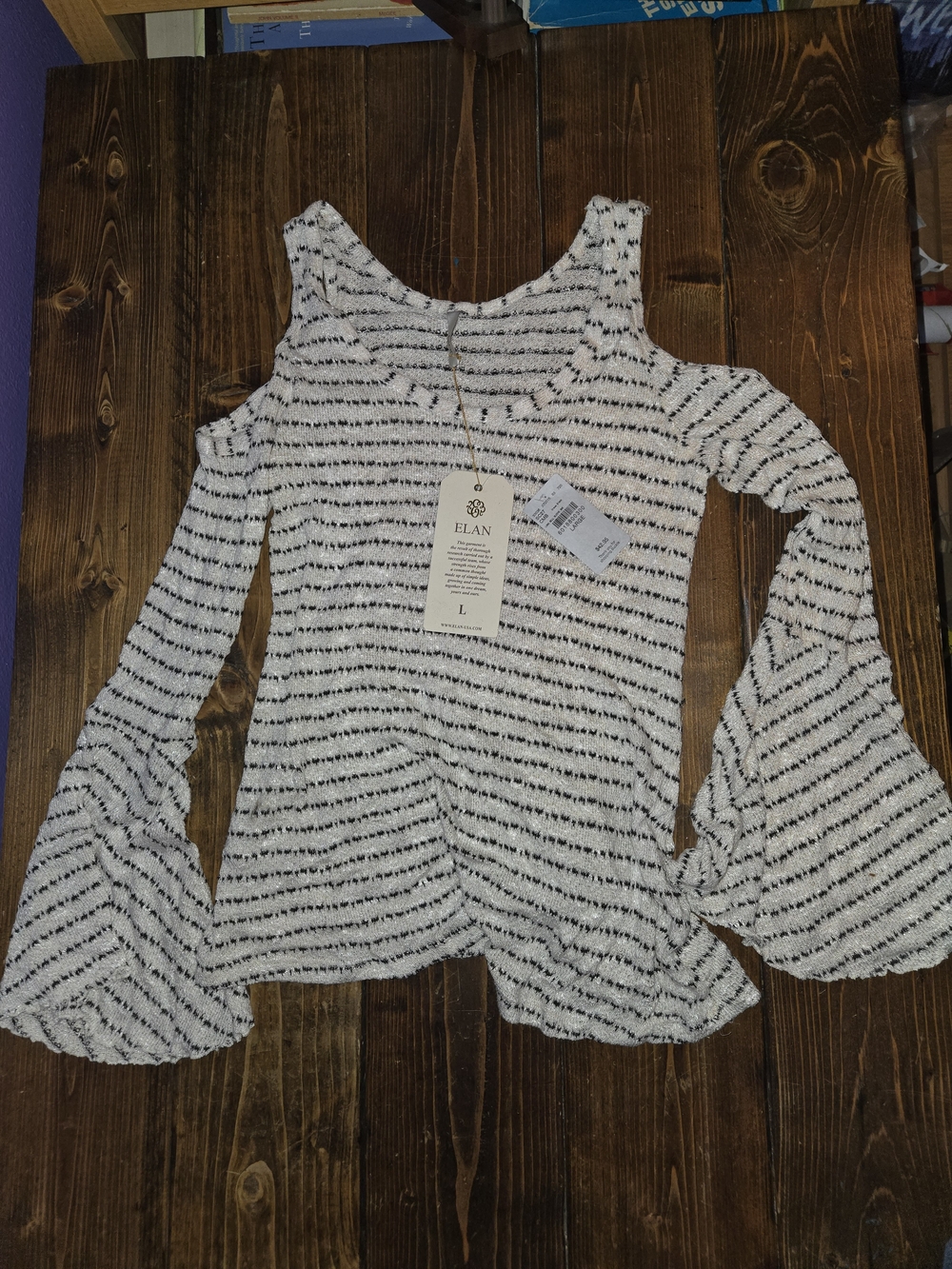 Elan Ivory and Black Striped Cold-Shoulder Bell Sleeve Tunic